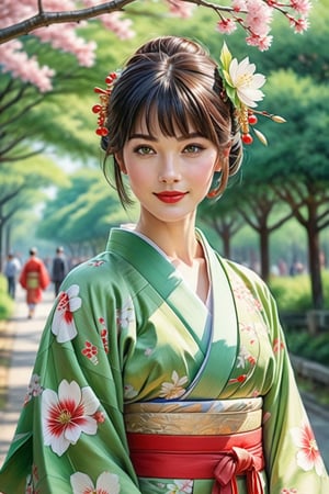 masterpiece, high quality realistic, pencil-sketch, pastel art style, (thin line:1.5), painting based on light-green, beautiful girl walking, light-brown short hair, red lips, flower, hair ornament, japanese clothes, kimono, smile, DonMM1y4XL,charlemagne_fate, black hair,Eyes,watercolor