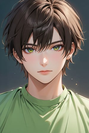 masterpiece, high quality realistic, pencil-sketch, pastel art style, (thin line:1.5), painting based on light-green, handsome boy, light-brown short hair, red lips, shirt,DonMM1y4XL,charlemagne_fate, black hair,Eyes