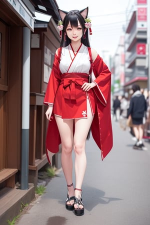  full body of a  cat-girl  wearing Japanese miko suit.