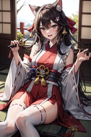 a cat-girl wearing Japanese miko suit.