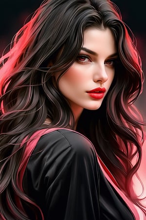 pencil Sketch of a beautiful  woman 25 years old, , black long hair, red shades, disheveled alluring, portrait by Charles Miano, ink drawing, illustrative art, soft lighting, detailed, more Flowing rhythm, elegant, low contrast, add soft blur with thin line, full pink lips, black eyes, black- pink clothes.