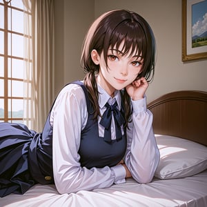 (extremely detailed CG unity 8k wallpaper),(masterpiece),(best quality),(ultra-detailed),(best illustration),(best shadow),(absurdres), ,score_9, score_7_up, score_8_up, source_anime, solo, 1girl, mitaka asa, expressionless, looking at viewer, arms behind back, long hair, low twintails, school uniform, black dress, pinafore dress, sleeveless dress, white shirt, black ribbon, neck ribbon, long sleeves, realistic, photorealism, photorealistic, source_photo, photography, realistic, rating_explicit, professional photo, masterpiece, hyper-detailed, realistic, correct anatomy, highest quality, perfect anatomy, (ultra detailed), (best quality), intricate, comprehensive cinematic, photography, (gradients), colorful, detailed landscape, visual key, shiny skin, ((bed)), face closeup, looking at viewer, (half-closed eye),indoors, closed mouth, smile, mature female, camisole, bed invitation, elbow rest, head rest, lifting covers, lying, midriff, on bed, on side