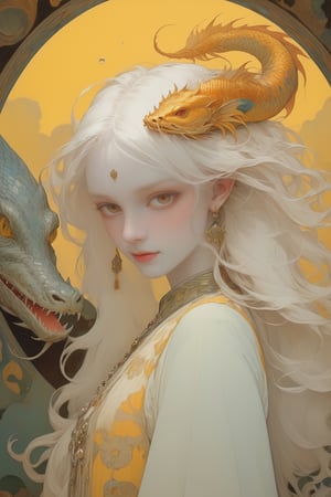 full body photo, (masterpiece, best quality, detailed, ultra-detailed, intricate), illustration, pastel colors, high chroma, high color contrast, bright and shadows background, 1 girl, solo, yellow eyes, waves , water droplets , white snake , fish with dragon head , arrogant face, look sideways and backward , complex backgrounds, birds around the women, perfect light,art nouveau by Alphonse Mucha, tarot cards, (beautiful and detailed eyes),
, flat breasts, anime style, watercolo, natural boobs,
