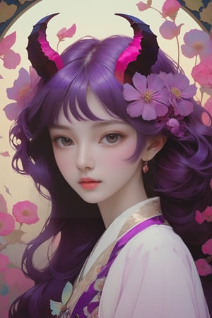 full body photo, (masterpiece, best quality, detailed, ultra-detailed, intricate), illustration, pastel colors, high chroma, high color contrast, bright and shadows background, 1 girl, solo, purple eyes, mangenta hair with purple color, longhair , wear magenta Korean clothing, holding jade in mouth , rose, (poppy flower 1.2) , purple butterfly flying , black bats , (arrogant 1.0) face, ++complex backgrounds , main color purple and magenta , staring at the viewer, head up, frontal portrait  , perfect light,art nouveau by Alphonse Mucha, tarot cards, (beautiful and detailed eyes),
, flat breasts, anime style, watercolo, natural boobs,
