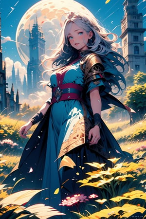 1 girl, full-body photography, silver hair, braided hairstyle , firm eyes , wear a Broken European Armor, bleeding, breasts out , flat breasts, standing under moonlight , in lily of the valley grassland, Nordic feeling, Ragnarok , main colored with green , light blue , white, magenta , (masterpiece, best quality, detailed, ultra-detailed, intricate), detailed background,  (beautiful and detailed eyes)
