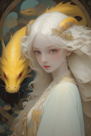 full body photo, (masterpiece, best quality, detailed, ultra-detailed, intricate), illustration, pastel colors, high chroma, high color contrast, bright and shadows background, 1 girl, solo, yellow eyes, waves , water droplets , white snake , a fish with dragon head , arrogant face , complex backgrounds, birds around the women, perfect light,art nouveau by Alphonse Mucha, tarot cards, (beautiful and detailed eyes),
, flat breasts, anime style, watercolo, natural boobs,
