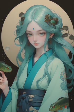 full body photo, (masterpiece, best quality, detailed, ultra-detailed, intricate), illustration, pastel colors, high chroma, high color contrast, bright and shadows background, 1 girl, solo, green eyes, blue hair with green color, longhair , wear blue kimono, Ukiyoe waves , water droplets , green snakes , black goldfish, frogs, arrogant face, ++complex backgrounds , main color green and blue, perfect light,art nouveau by Alphonse Mucha, tarot cards, (beautiful and detailed eyes),
, flat breasts, anime style, watercolo, natural boobs,
