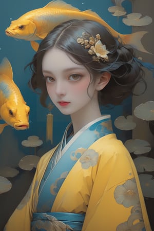 full body photo, (masterpiece, best quality, detailed, ultra-detailed, intricate), illustration, pastel colors, high chroma, high color contrast, bright and shadows background, 1 girl, solo, yellow eyes, wear blue kimono, waves , water droplets , blue snake , a fish with dragon head , arrogant face, look sideways and backward , complex backgrounds, gold fishes around the women , main color yellow and blue, perfect light,art nouveau by Alphonse Mucha, tarot cards, (beautiful and detailed eyes),
, flat breasts, anime style, watercolo, natural boobs,
