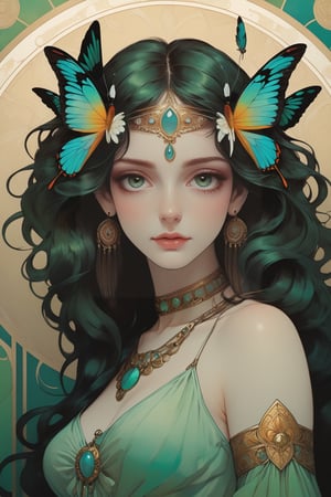 full body photo, (masterpiece, best quality, detailed, ultra-detailed, intricate), illustration, pastel colors, high chroma, high color contrast, bright and shadows background, 1 girl, solo, （dark:1.0) skin, amber eyes, black hair, short hair, curls , wear clothes Made of feathers, Jaguar , hummingbird , Mayan writing , (arrogant:1.2) face, complex backgrounds , main color green and turquoise , staring at the viewer, head up, sideways portrait , perfect light , art nouveau by Alphonse Mucha, tarot cards, (beautiful and detailed eyes),
, medium breasts, anime style, watercolor,  natural boobs,
