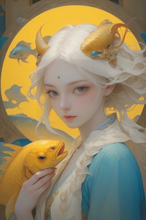 full body photo, (masterpiece, best quality, detailed, ultra-detailed, intricate), illustration, pastel colors, high chroma, high color contrast, bright and shadows background, 1 girl, solo, yellow eyes, waves , water droplets , blue snake , a fish with dragon head , arrogant face, look sideways and backward , complex backgrounds, gold fishes around the women , main color yellow and blue, perfect light,art nouveau by Alphonse Mucha, tarot cards, (beautiful and detailed eyes),
, flat breasts, anime style, watercolo, natural boobs,
