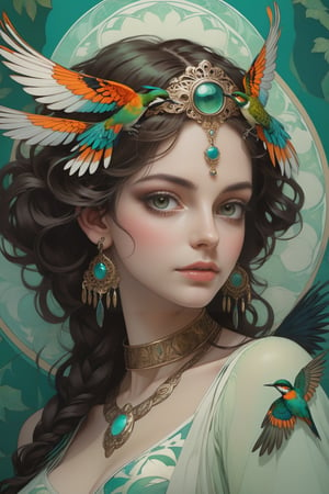 full body photo, (masterpiece, best quality, detailed, ultra-detailed, intricate), illustration, pastel colors, high chroma, high color contrast, bright and shadows background, 1 girl, solo, （dark:1.5) skin, amber eyes, black hair, short hair, curls , wear clothes Made of feathers, Jaguar , hummingbird , Mayan writing , (arrogant:1.2) face, complex backgrounds , main color green and turquoise , staring at the viewer, head up, sideways portrait , perfect light , art nouveau by Alphonse Mucha, tarot cards, (beautiful and detailed eyes),
, medium breasts, anime style, watercolor,  natural boobs,
