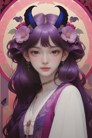 full body photo, (masterpiece, best quality, detailed, ultra-detailed, intricate), illustration, pastel colors, high chroma, high color contrast, bright and shadows background, 1 girl, solo, purple eyes, mangenta hair with purple color, longhair , wear magenta Korean clothing , rose, poppy flower , purple butterfly flying , black bats , (arrogant 1.0) face, ++complex backgrounds , main color purple and magenta , staring at the viewer, head up, frontal portrait  , perfect light,art nouveau by Alphonse Mucha, tarot cards, (beautiful and detailed eyes),
, flat breasts, anime style, watercolo, natural boobs,
