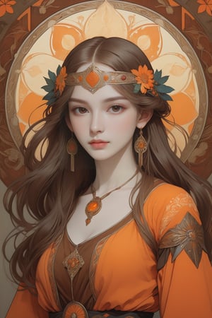 full body photo, (masterpiece, best quality, detailed, ultra-detailed, intricate), illustration, pastel colors, high chroma, high color contrast, bright and shadows background, 1 girl, solo, pale skin, brown eyes, brown hair with gold color, longhair , wear orange Nordic clothing, holding dagger , salmons , black (crows:0.6), white (crows:0.6), forehead protector , Runic Alphabets, (arrogant 1.0) face, ++complex backgrounds , main color orange and brown , staring at the viewer, head up, frontal portrait  , perfect light,art nouveau by Alphonse Mucha, tarot cards, (beautiful and detailed eyes),
, medium breasts, anime style, watercolor, natural boobs,
