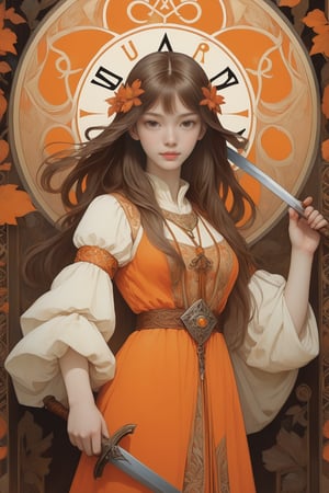 full body photo, (masterpiece, best quality, detailed, ultra-detailed, intricate), illustration, pastel colors, high chroma, high color contrast, bright and shadows background, 1 girl, solo, pale skin, brown eyes, brown hair with gold color, longhair , wear orange Nordic clothing, holding dagger , salmons , black (crows:0.6), white (crows:0.6), forehead protector , Runic Alphabets, (arrogant 1.0) face, ++complex backgrounds , main color orange and brown , staring at the viewer, head up, frontal portrait  , perfect light,art nouveau by Alphonse Mucha, tarot cards, (beautiful and detailed eyes),
, medium breasts, anime style, watercolor, natural boobs,
