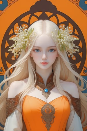 full body photo, (masterpiece, best quality, detailed, ultra-detailed, intricate), illustration, pastel colors, high chroma, high color contrast, bright and shadows background, 1 girl, solo, pale skin, blue eyes, blonde hair, longhair , wear orange Nordic armadura, lily of the valley , (crows 1.2) , forehead protector , Runic Alphabets, (arrogant :1.2) face, complex backgrounds , main color orange and brown , staring at the viewer, head up, sideways portrait , perfect light , art nouveau by Alphonse Mucha, tarot cards, (beautiful and detailed eyes),
, medium breasts, anime style, watercolor,  natural boobs,
