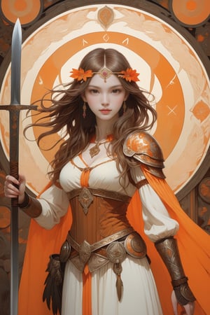 full body photo, (masterpiece, best quality, detailed, ultra-detailed, intricate), illustration, pastel colors, high chroma, high color contrast, bright and shadows background, 1 girl, solo, pale skin, brown eyes, brown hair with gold color, longhair , wear orange Nordic armadura , holding dagger , salmons , (crows 1.2) , forehead protector , Runic Alphabets, (arrogant 1.0) face, ++complex backgrounds , main color orange and brown , staring at the viewer, head up, frontal portrait  , perfect light,art nouveau by Alphonse Mucha, tarot cards, (beautiful and detailed eyes),
, medium breasts, anime style, watercolo, natural boobs,
