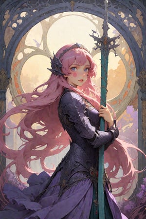 1 girl, full-body photography , light perple hair, very_long_hair, firm eyes, beautiful , hold a huge sword  , misty , Gorgeous jewelry, silver jewelry, Dark purple European armor , (masterpiece, best quality, detailed, ultra-detailed, intricate), detailed background, complex backgrounds, small dragons, vines , art nouveau, perfect light and shadows ,art nouveau by Alphonse Mucha,  (beautiful and detailed eyes),
