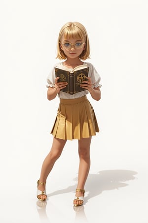 score_9, score_8_up, score_7_up, 1girl, solo, noble girl, child , looking at viewer,(white and gold theme), short skirt, high hills, full body, best quality, white background, holding a book, glasses, dynamic pose 