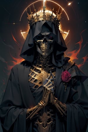 An undead Skeletal cosmic overlord wearind fine dark robe with golden lining with red Burning eyes wearing a gloden Divine crown in his head, and a dark halo behind his back,horror (theme)