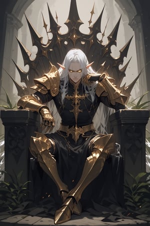 score_9, score_8_up, score_7_up, score_6_up, source_anime, Score_Anime, DskOtrn_PnyXL, expressive eyes, clear eyes, perfect face,solo man, long silver hair, elf ears, gold eyes,angry, stoic, armour, glowing eyes , full body, male, sitting on a throne,horn,