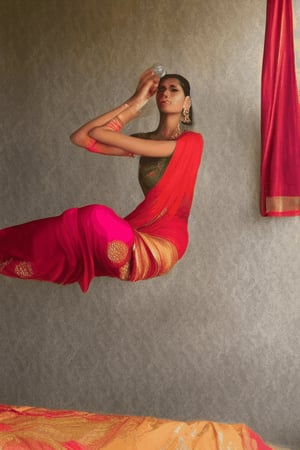 A Indian women wear red saree,set on bed,bed are decorated with red flowers,room is also decorates,woman move their body and drink water,realistic,hd