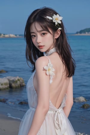 8k, best quality, masterpiece, realistic, high detail, photo realistic, Increase quality, beach, flower, dress, look at viewer, soft expression, potrait, back
