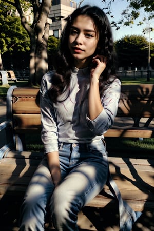Cinematic photograph .18 year oldgair, Black long hair, spread over the park's benches,  green  Top, jeans and wearing white sauce, 