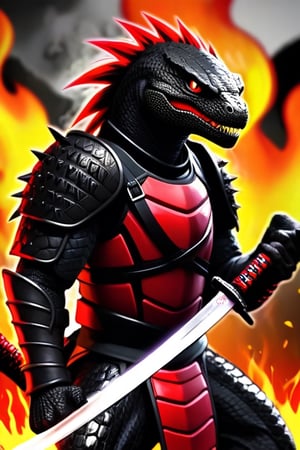 reptile, black skin, red armor, katana, background: fire, hungry, red eyes, spikes, 