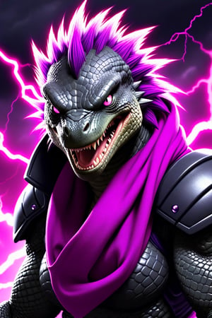 dark grey reptile, 
purple eyes,
purple scarf,
background: storm,
pink spikes,
lighting, 
sideways, 
very angry,
purple shoulder pads