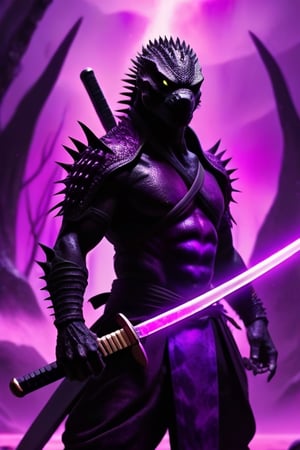 reptile, two katanas in hand, black skin, purple spines on the back,, surrounded by purple aura

