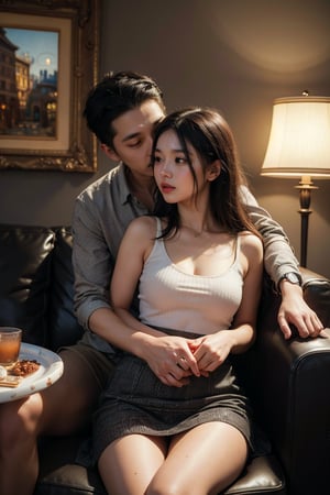 in a KTV lounge, couple kissing and embracing on a sofa, man touching inside woman's skirt, woman's top removed, intimate and romantic scene, cozy atmosphere, colorful neon lights, plush seating, casual clothing, relaxed expressions, detailed textures, warm lighting, high-quality rendering, close-up view, lively environment, (masterpiece: 2), best quality, ultra highres, original, extremely detailed, perfect lighting
