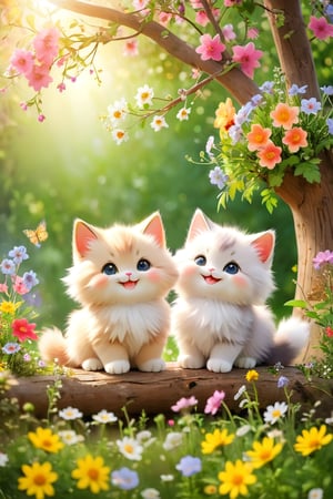 Two cute and fluffy fat fluffy kittens smile and happy, flowers bloom on the wooden tree and wild flowers blooming.light bokeh background, depth of field.