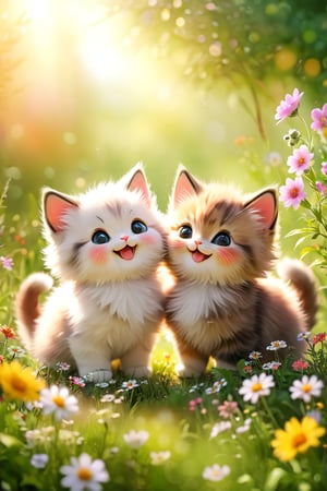 Two cute and fluffy fat fluffy kittens smile and happy,  wild flowers blooming.light bokeh background, depth of field.