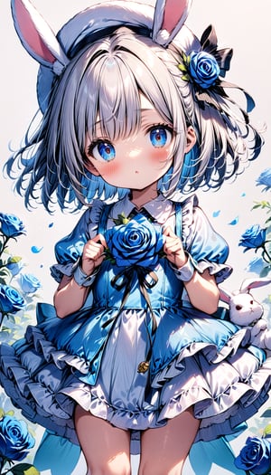 children, 1 girl, solo, white bunny,  huge blue rose
