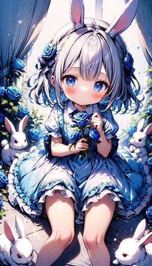children, 1 girl, solo, white bunny,  blue rose
