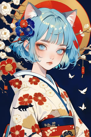 Aesthetic art,2d,dal-3, 1girl, solo,short bob cut hair, blue hair, blunt bangs, animal cat ears,round eyebrows, japanese clothes,wide sleeves, kimono,vertical pupil blue eyes, makeup,half-closed eyes, floral print, cat,absurdres