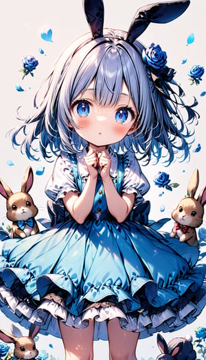 children, 1 girl, solo, bunny,  blue rose
