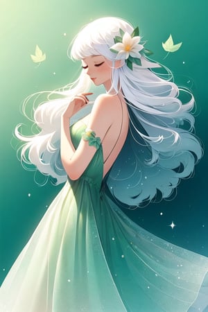 1girl, solo, long hair, dress, closed eyes, flower, white hair, gradient, gradient background, sparkle, leaf, green background
