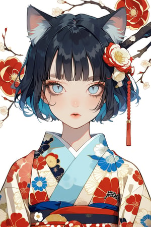 Aesthetic art,2d,dal-3, 1girl, solo,short bob cut hair, black hair, blunt bangs, animal cat ears,round eyebrows, japanese clothes,wide sleeves, kimono,vertical pupil blue eyes, makeup,half-closed eyes, floral print, cat,absurdres