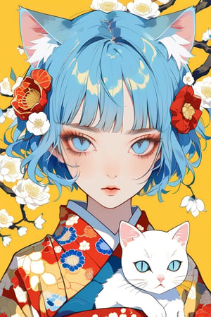 Aesthetic art,2d,dal-3, 1girl, solo,short bob cut hair, blue hair, blunt bangs, animal cat ears,round eyebrows, japanese clothes,wide sleeves, kimono,vertical pupil blue eyes, makeup,half-closed eyes, floral print, cat,absurdres