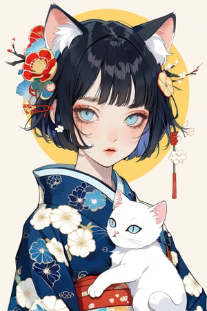 Aesthetic art,2d,dal-3, 1girl, solo,short bob cut hair, black hair, blunt bangs, animal cat ears,round eyebrows, japanese clothes,wide sleeves, kimono,vertical pupil blue eyes, makeup,half-closed eyes, floral print, cat,absurdres