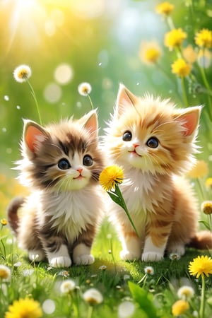 Two cute and fluffy kittens happy,  Dandelions in bloom.light bokeh background, depth of field.