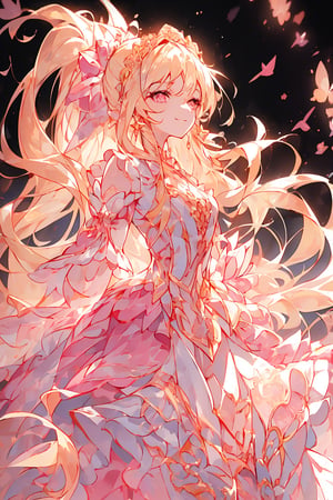 (1girl, blonde hair, ponytail, long hair, straight hair, small breasts, crystal pink eyes), (masterpiece, best quality:1.4), (Beautifully Aesthetic:1.2), smiling, happy, fullbody, pink gown, gown, umbrella, crown, princess, pearl earrings, victorian era dress, intricate background, glamorous lighting, ,1 girl