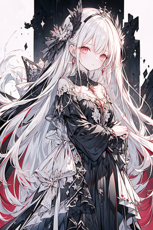 (1girl, long hair, white hair, straight hair, red eyes, detailed eyes, cross earrings, earrings, ruby earrings, 4k, holding scepter, cold expression, contemptuous, standing ), princess, empress, powerful, warrior, fullbody, masterpiece, best quality, Beautifully Aesthetic, black and white themed dress, long dress, black and white and red theme, sandless dress, dark lighting,1 girl, 