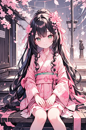 (1girl, long hair, black hair, wavy hair, pink inner hair, pink and green eyes, sitting), (masterpiece, best quality:1.4), (Beautifully Aesthetic:1.2), kimono, checkerboard pattern, pink kimono, floral print, hanfu, happy, smiling, cherry blossom, sakura, temple, stairs, tree, sky, rain, dew, ,Simple Sakura