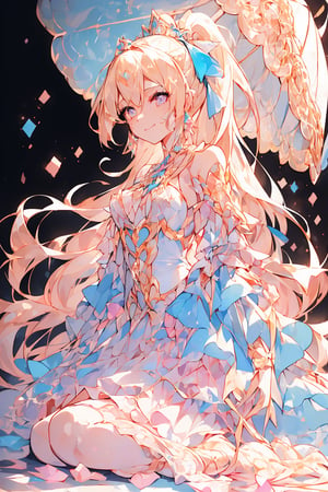 (1girl, blonde hair, ponytail, long hair, straight hair, small breasts, crystal blue and pink eyes, ), (masterpiece, best quality:1.4), (Beautifully Aesthetic:1.2), smiling, happy, fullbody, pink gown, gown, umbrella, crown, princess, pearl earrings, victorian era dress, intricate background, glamorous lighting, 