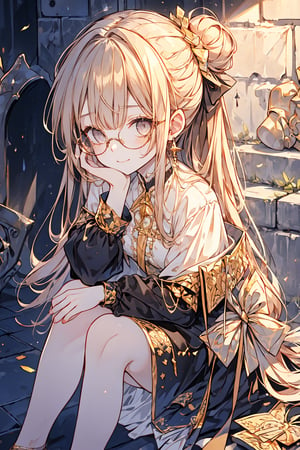 (1girl, long hair, brown hair, straight hair, all hair tied up into a bun, grey eyes, detailed eyes, cross earrings, earrings, gold earrings, 4k, holding cigarette, sitting beside wall, leaning on wall, glasses), fullbody, masterpiece, best quality, Beautifully Aesthetic, casual outfit, black outfit, she sits quietly as a tear falls down from her face, street, alley, dark alley, dark lighting, smiling expression, ,1 girl, 