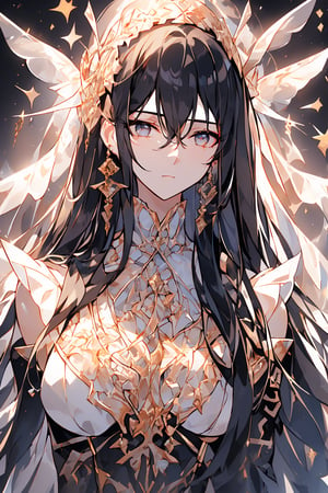 (1girl, long hair, black hair, straight hair, double eyelids, detailed face, detailed eyes, cross earrings, earrings, 4k), masterpiece, best quality, Beautifully Aesthetic, lying on the grass, body constructed by intricate transparent glass white skeleton and mechanical parts and also covered by red flowers, pearls, fashion, mechanical wings, unreal engine, color splash style photo