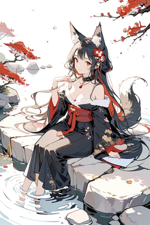 (1girl, black fox ears, animal ear fluff, black fox tail, black hair, long hair, red inner hair, 17 years old,), masterpiece, best quality,  Beautifully Aesthetic from above, fullbody, looking at viewer, smiling, happy, gentle greenery, hair ornament, hanfu, magatama necklace, fur trim, kimono, black kimono, exquisite design, cat_collar, exposed shoulders, wide sleeves, long sleeves, cleavage, busty model, ethereal, glamourous, japanese aesthetic, perfect detail, pencil sketch, sitting, surrounded by water, in the middle of a pond on a rock, clear water, koi fish, fish, rocks, pebbles,Tekeli,red eyes