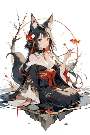 (1girl, black fox ears, animal ear fluff, black fox tail, black hair, long hair, red inner hair, 17 years old,), masterpiece, best quality,  Beautifully Aesthetic, portrait, fullbody, looking at viewer, smiling, happy, gentle greenery, hair ornament, hanfu, magatama necklace, fur trim, kimono, black kimono, exquisite design, cat_collar, exposed shoulders, wide sleeves, long sleeves, cleavage, busty model, ethereal, holding flower, glamourous, japanese aesthetic, perfect detail, simple background, pencil sketch, sitting, surrounded by water, in the middle of a pond on a rock, clear water, koi fish, fish, rocks, pebbles,Tekeli,red eyes